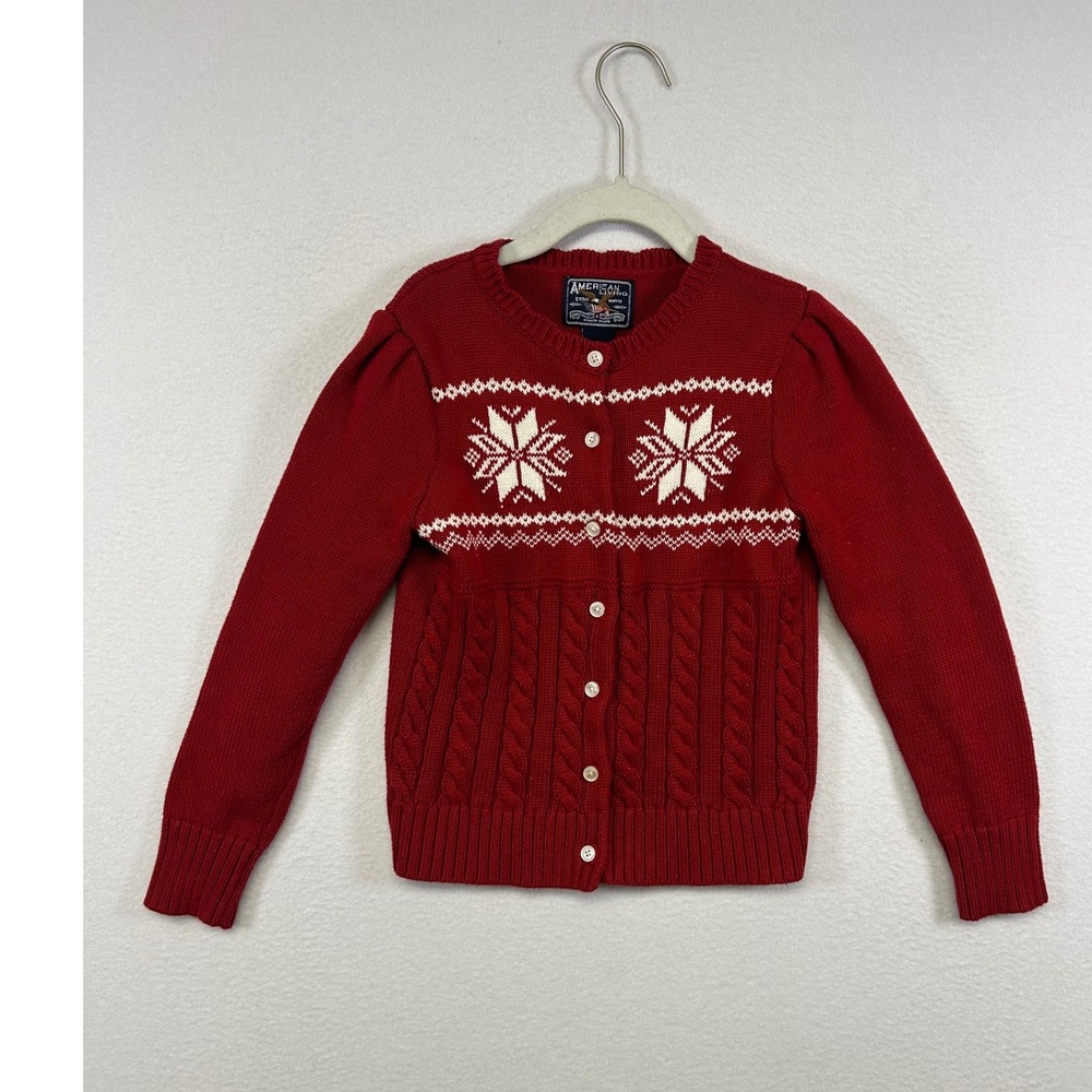 Holiday Festive American Living Girl 6 Red Snowflake Cable Knit Cardigan Sweater